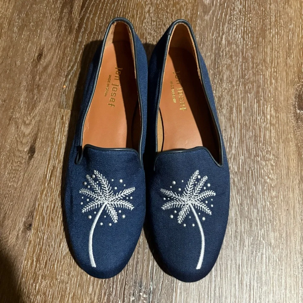 Jon Josef Spain Navy Palm Embellished Linen Loafer Slip On Size 7 Quiet Luxury
